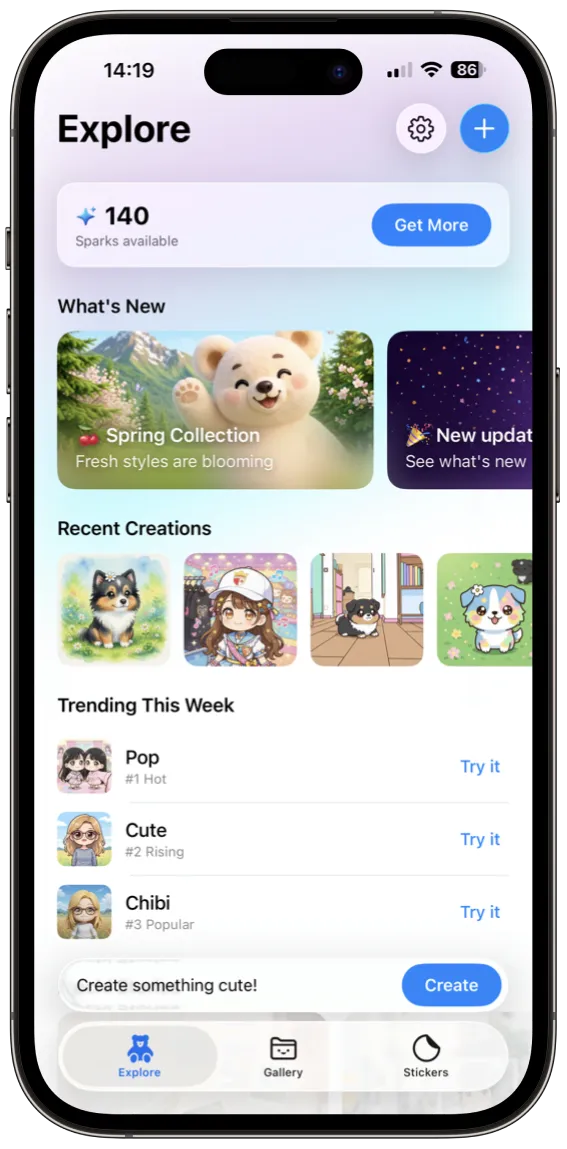 The Mochi Explore screen with seasonal collections and Mochi Stories