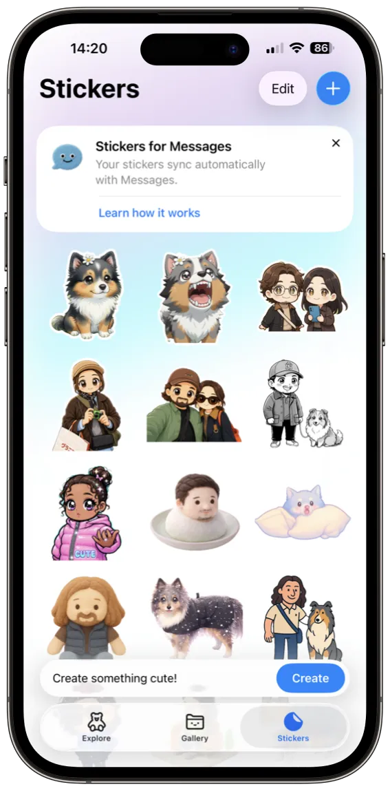 The Stickers tab with die-cut stickers that sync to Messages
